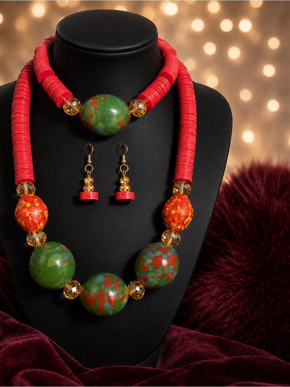 Handcrafted Green and Red Beaded Necklace Set